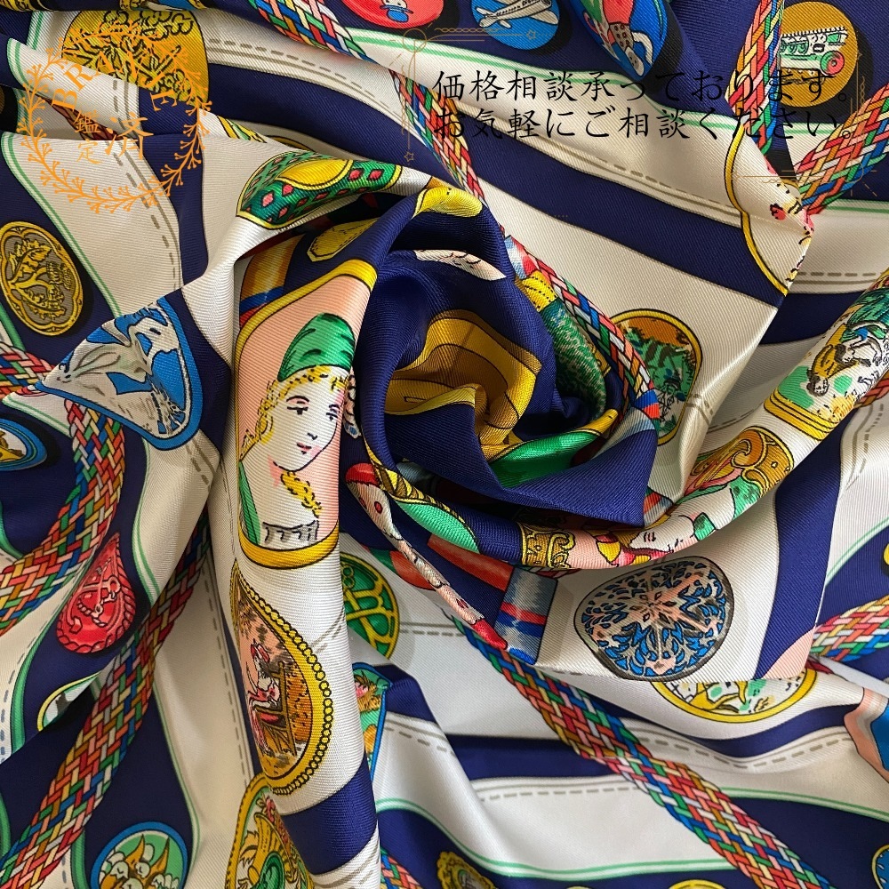 カレ90 ストール Pelile main お針子さん シルク スカーフ ネイビー レディース