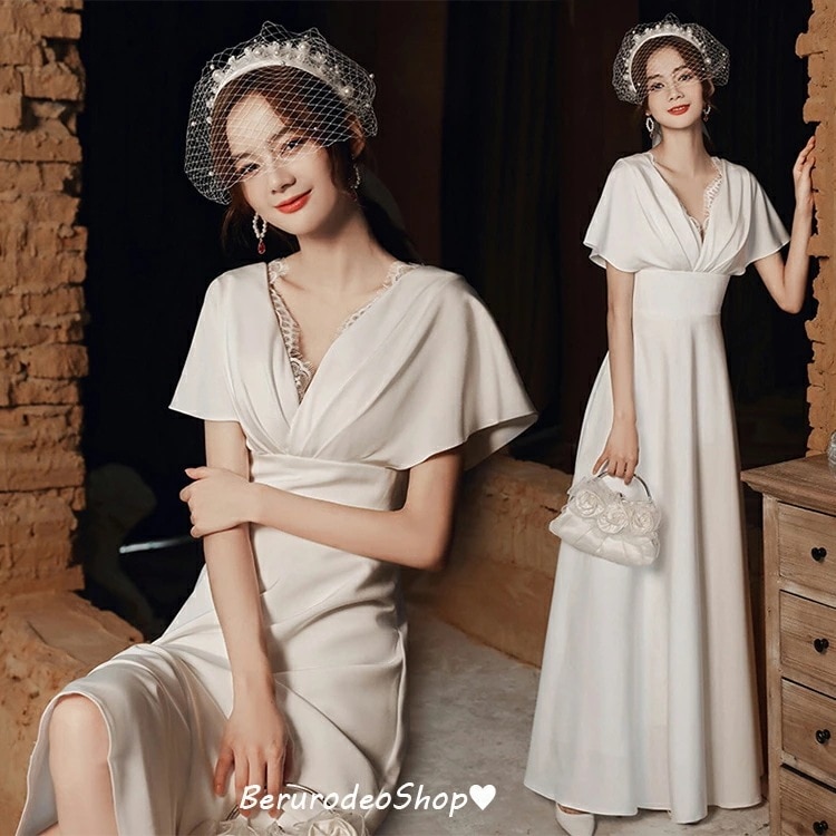 二次会ドレス ウェディングドレス 白 サテン ドレス Vネック レース キレイめ エレガント 優雅 ロングドレス イブニングドレス Aライン 無地 ホワイトドレス 結婚式ドレス 花嫁ドレス 撮影 海外