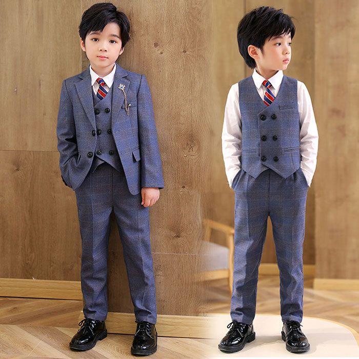 入学式 スーツ 男の子 90 100 110 120 130 140 150 160 170cm 子供スーツ 6点セット (ジャケット パンツ シャツ ベスト ネクタイ ブローチ) チェック キッズ3