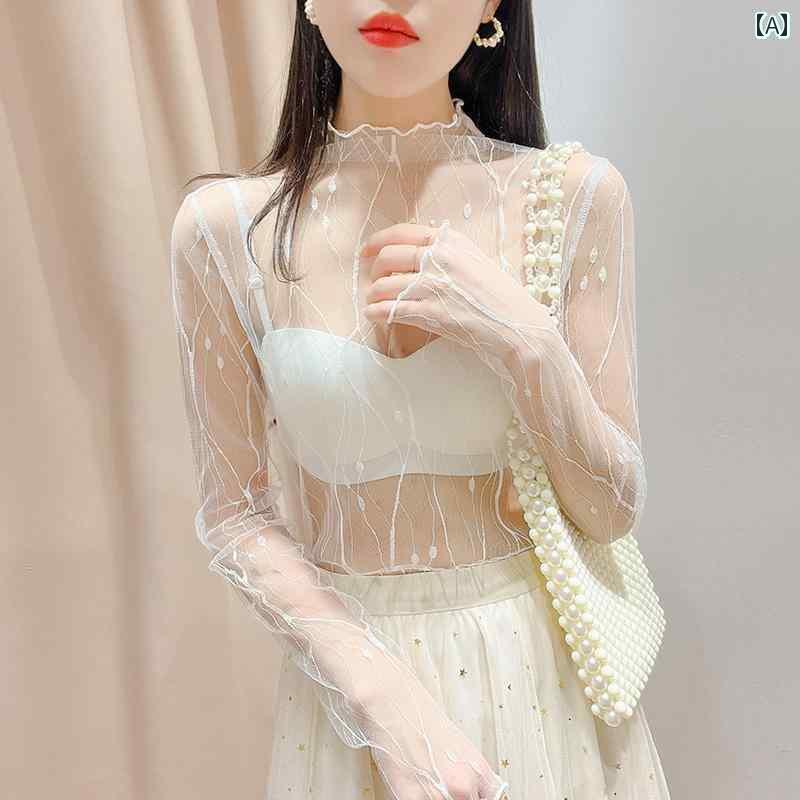 シアートップス レディース ハーフハイネック 長袖 メッシュ レース 透け感 重ね着 プルオーバー スリム セクシー おしゃれ 総柄 大きめサイズ 黒 白 アプリコット