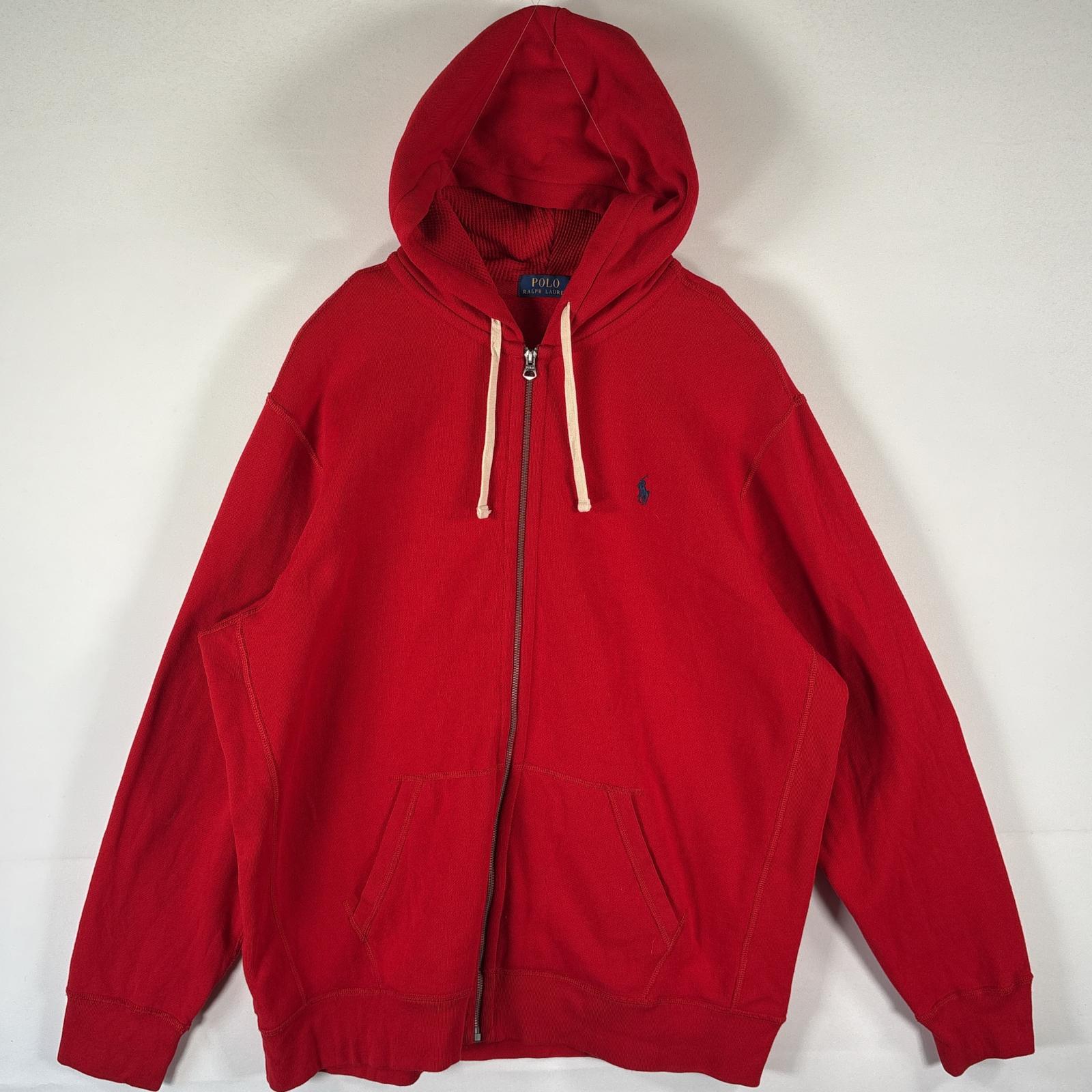 古着 パーカー スウェット フルジップ 大きいサイズ ワンポイント刺繍 厚手 XXL レッド メンズ