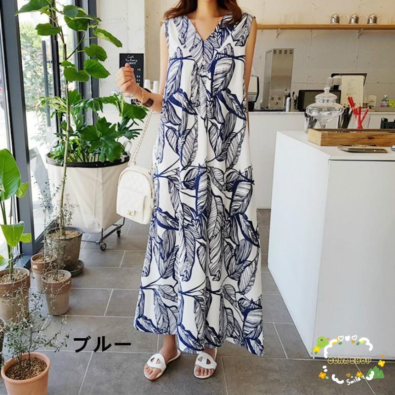 サマードレス 多用途ドレス ムームー ルーズ ノースリーブ ハワイアン柄 花柄ドレス ロング丈 スイングタイプ 薄い プリント Vネック プ 6,192円