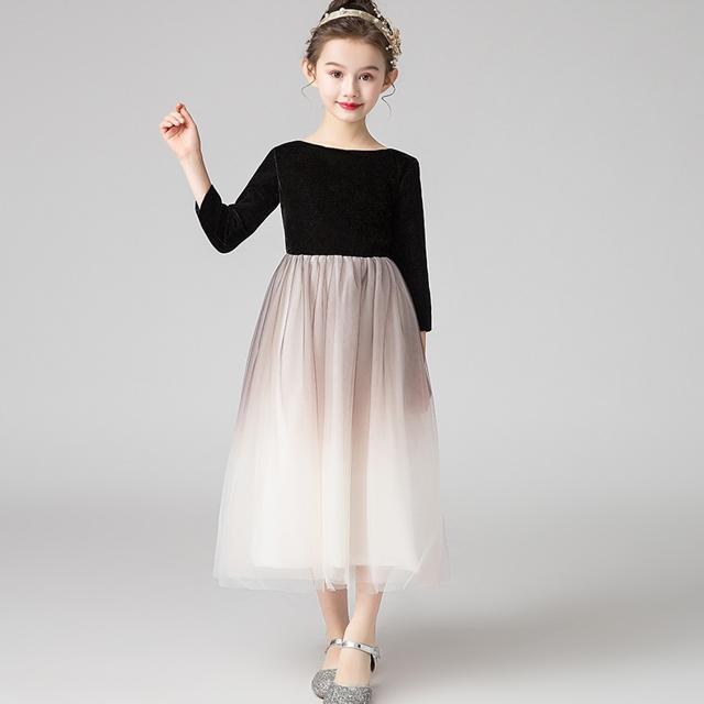 子供 ドレス ロング ミモレ丈 黒 切り替え バイカラー おしゃれ 大人っぽい キッズドレス ピアノ 発表会 女の子 ドレス 子ども 結婚式 フォーマル 子供服 ワンピース 可愛い 長袖 七分袖 チュ