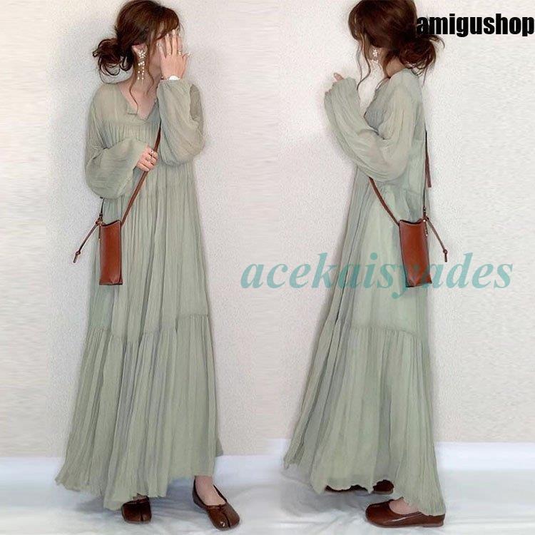 シフォンワンピース レディース 40代 キレイめ マキシ丈ワンピース 秋 長袖ワンピース シフォン 結婚式ドレス オシャレ 着痩せ