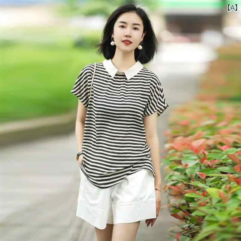 大きめサイズ レディース おしゃれ ファッション カジュアル デート 女子会 普段使い ストライプ トップス 夏 半袖 シフォンシャツ 体型カバー