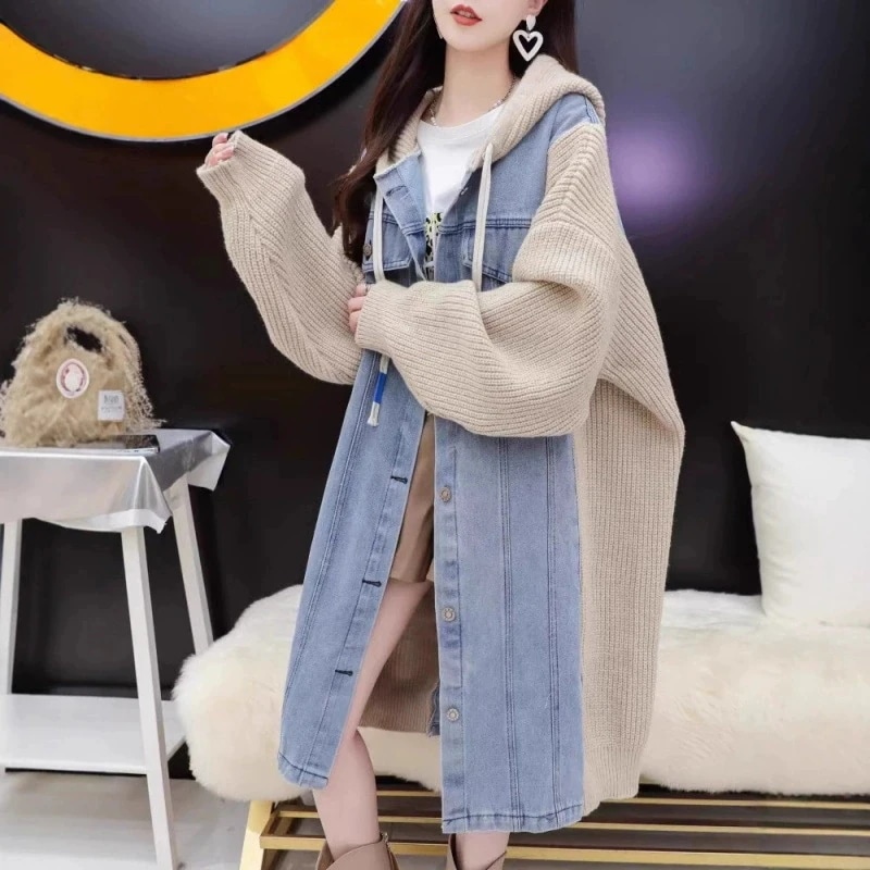 2025新作カジュアルワークウェアフード付きデニムパッチワークトレーナージャケットレディースゆったりミドル丈万能トップス