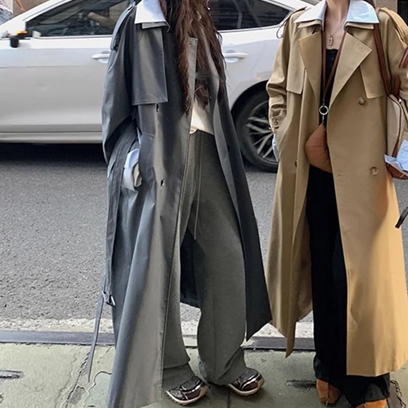 英国風開襟トレンチコート女ゆったりレトロ系ベルトミディアム高級感コートコーデ