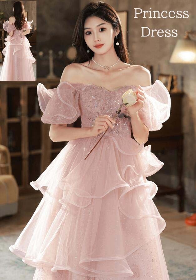 【短納期】カラードレス プリンセスドレス オフショルダー キラキラ ピンク 高級感ドレス パーティードレス お姫様 二次会ドレス 前撮り後撮り 二次会 演奏会 ピアノ 結婚式 ロングドレス 編み上げ