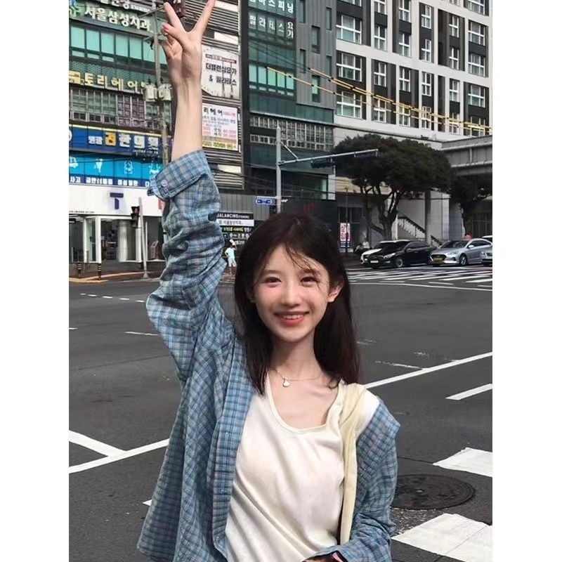 初 高級 青 チェック シャツ レディース 長袖 ゆったり 重ね着 カーディガン シャツ アウター リラックス風 トップス639