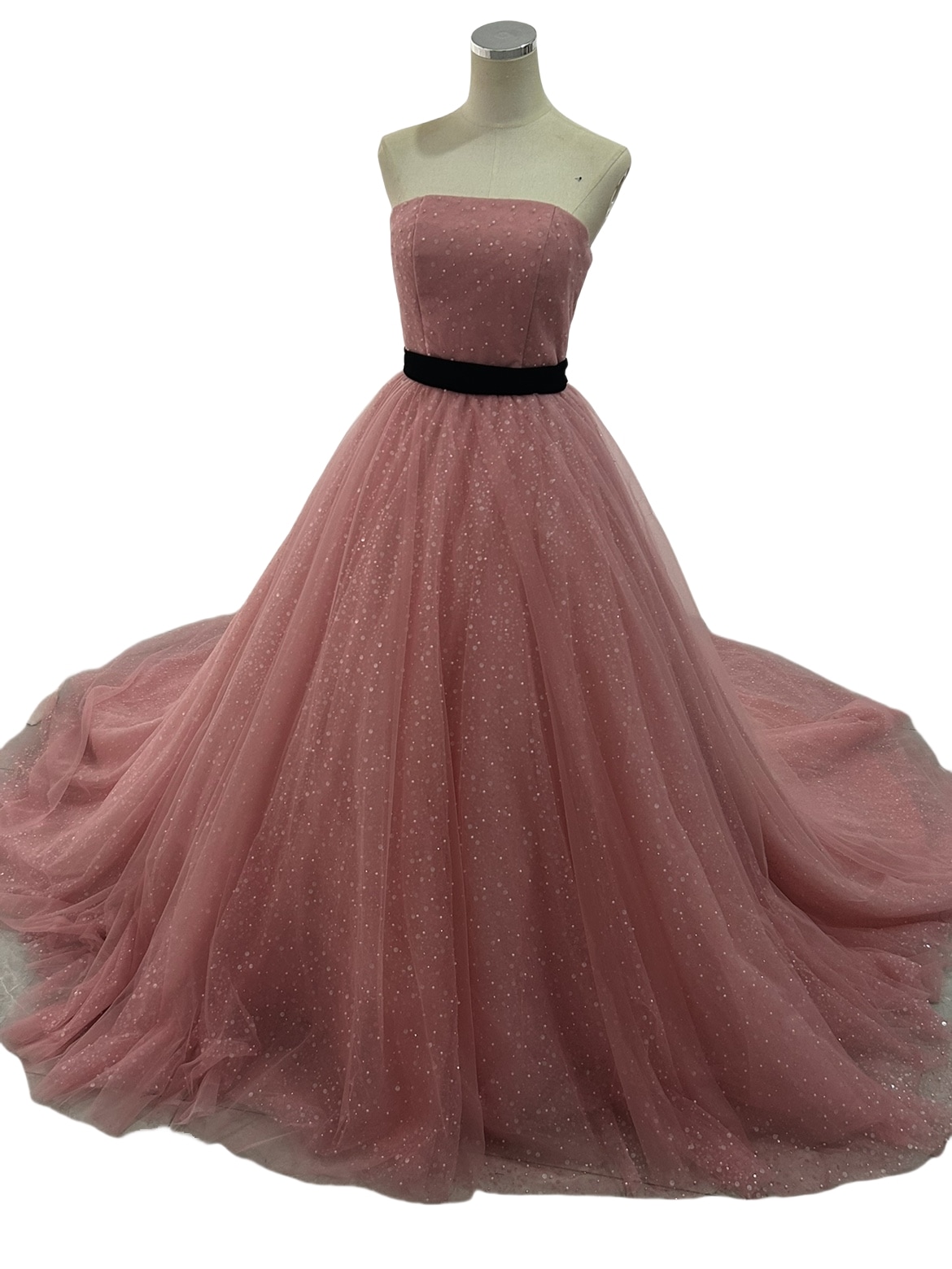 カラードレス 薄ピンク キラキラ光る刺繍 サッシュベルト ベアトップ　 可愛い プリンセスライン