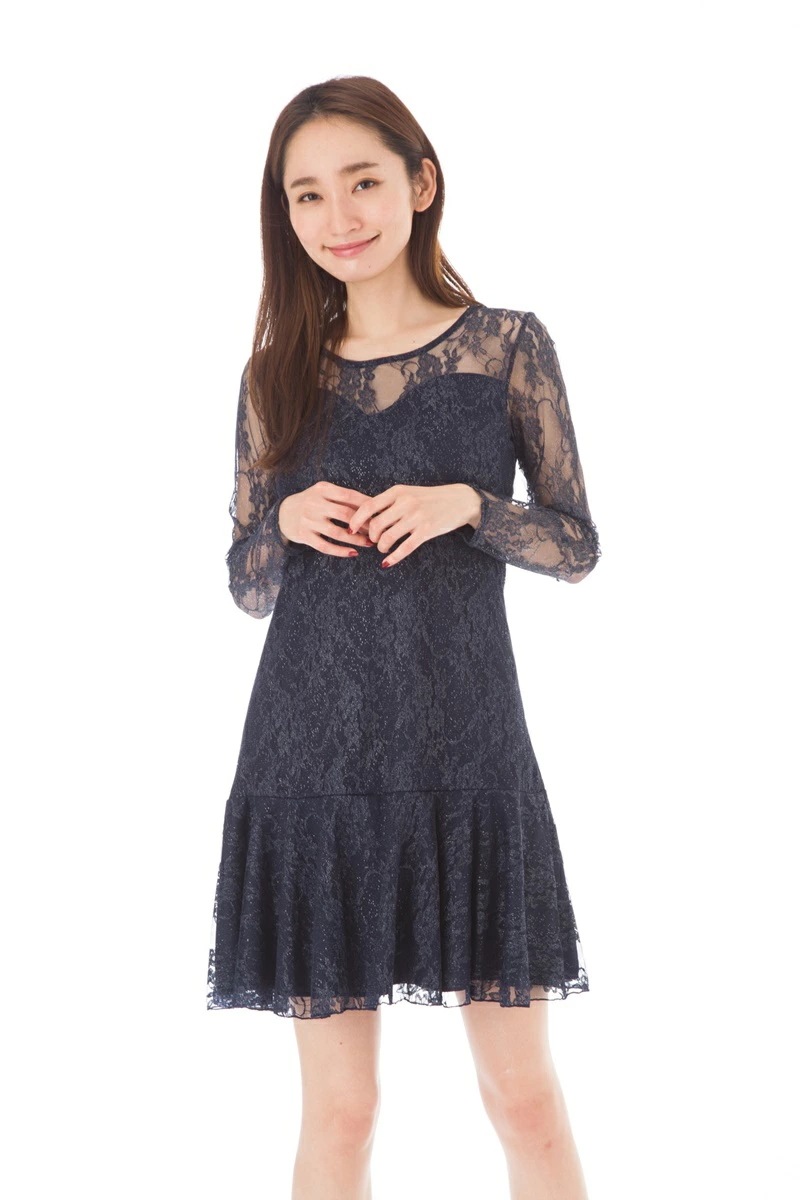 ファス(FAS)ワンピース T1サイズ 長袖 膝丈 Uネック　大人ワンピース レディース Fille A Suivre　ナイトドレス パーティードレス　ラメ