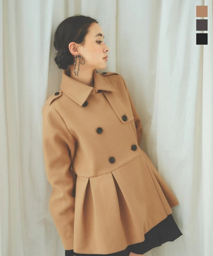 プリーツ切替 ペプラム ダブルボタンコート レディース アウター コート Pコート ダッフルコート ぺプラムジャケット プリーツ トレンチコート ミディアム丈 ダブル フレア チュニック フェイクウー 7,238円