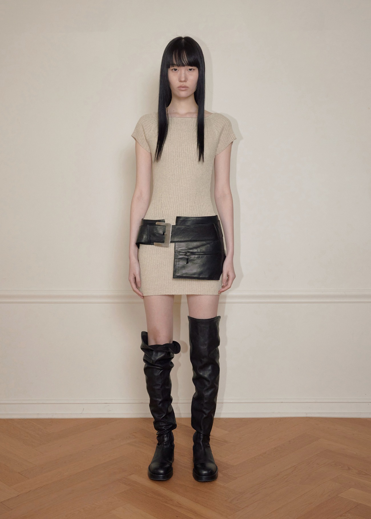 【bohemseo】 HALF REGLAN KNIT DRESS, BEIGE 正規品