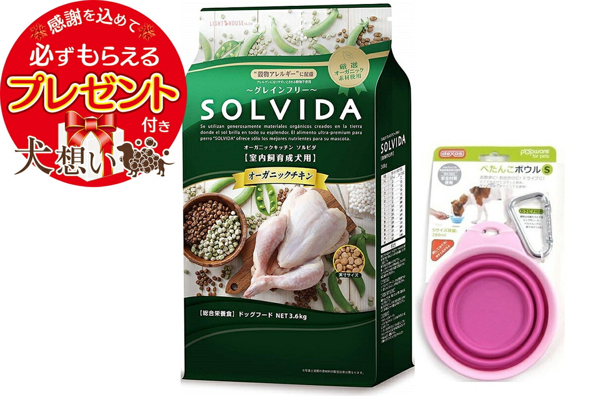 【プレゼント付】ソルビダ グレインフリー チキン 成犬用 3.6kg ぺたんこボウル ピンク Sサイズ付き