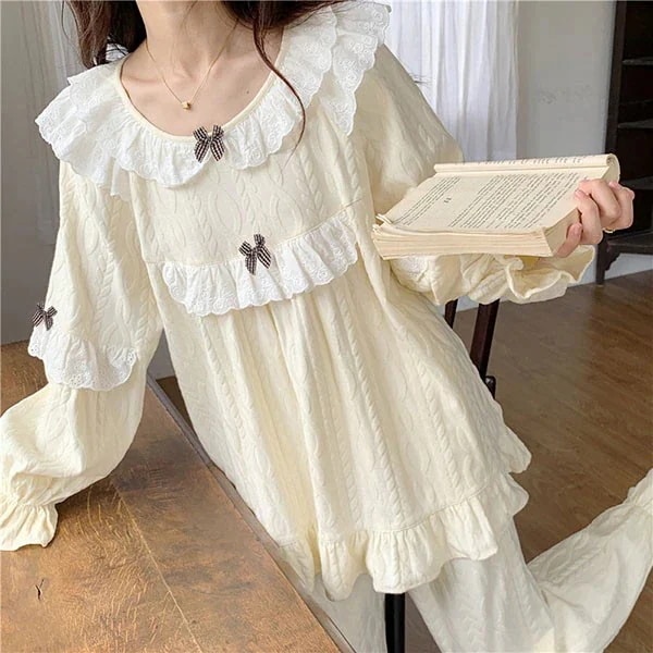 リボン ゆったり 春 寝巻き 上下セット ルームウェア レディース パジャマ 韓国風 ロング丈 大きいサイズ ブラ付き 長袖 エレガント ネグリジェ プリンセス風 部屋着 夏 かわ おしゃれ きれいめ