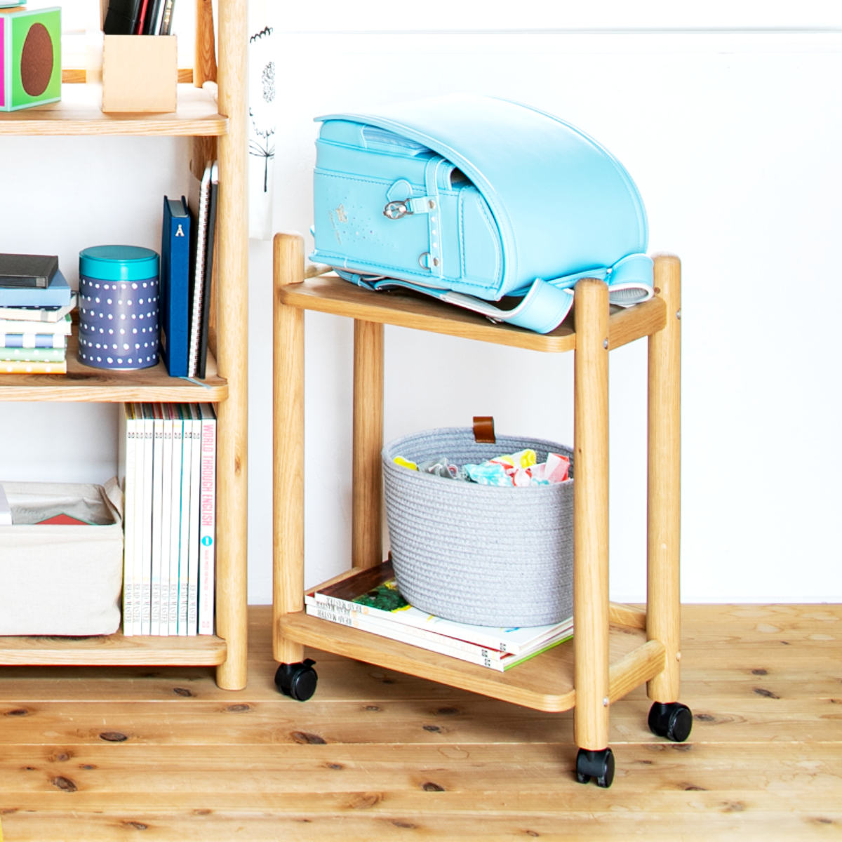 デスクワゴン キャスター付 幅45cm シェルフワゴン パルレ サイドワゴン デスク横 ランドセルラック ランドセル置き 木製ワゴン 棚 収納 学習教材 整理 整頓 ウッドワゴン