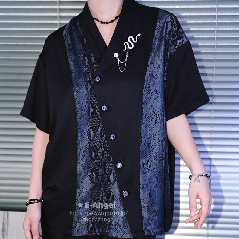 チャイナ風シャツ ブラウス 半袖 レディース 薄手 涼しい 暗黒 ブローチ付きトップス オリジナル 蛇紋プリント切り替え 男女兼用 ユニセックス風