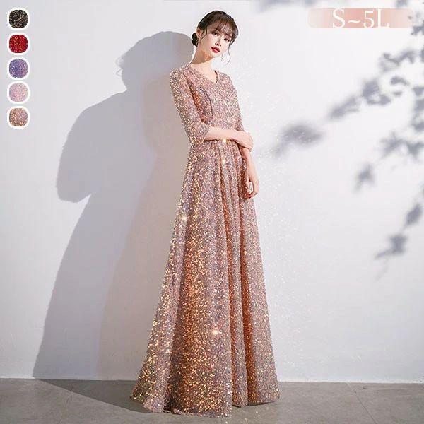 新品/第1弾キャンペーンドレス 大人 ピアノ 発表会 ロングドレス 演奏会 結婚式 母親 ピアノ発表会 袖付き キラキラ ワンピース 五分袖 演奏会ドレス 演奏会用ドレス パー