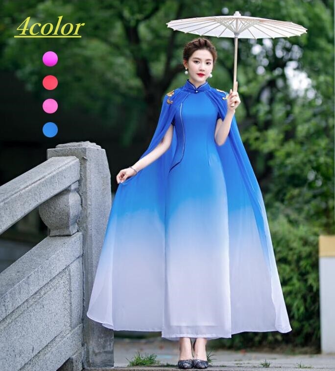 チャイナドレス ロング丈 半袖ドレス+マント2点セット 刺しゅう グラデーション エレガント 優雅 女性 大人用 ママさん　中華ドレス ロング チャイナ ワンピース チーパオ パーティードレス 二