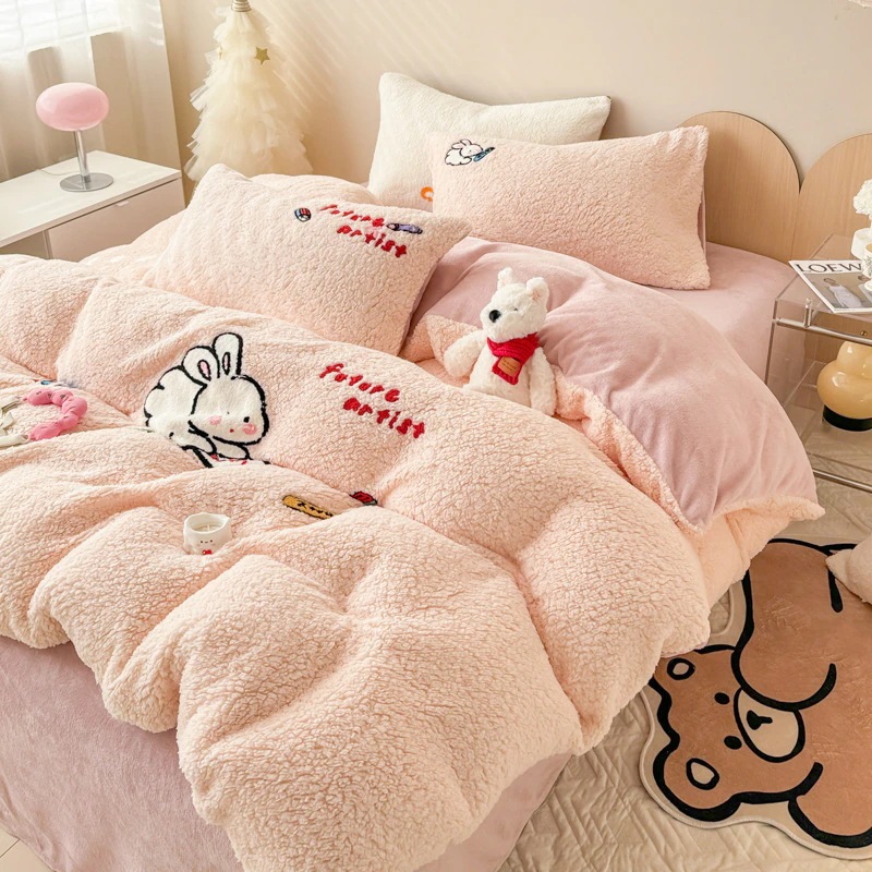 【急速出荷!】あったかラムミルクベルベットバニー刺繍フレンチベルベット3・4点セット1.8枚ボックスシーツ掛け布団カバー1.5枚