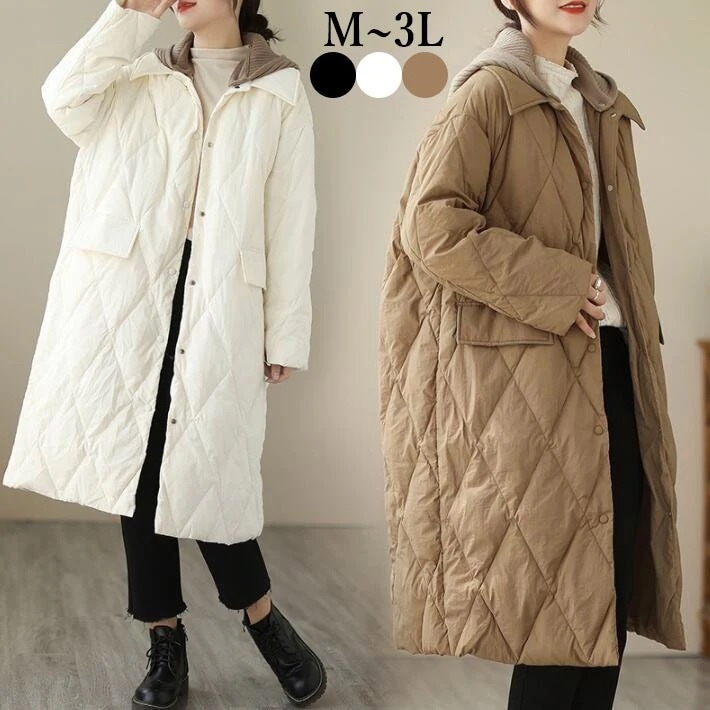 キルティング　コート　レディース 　フード　ロングコート 中綿コート　 アウター ジャケット ミディアム　カジュアル　軽い 暖かい 大きいサイズ　秋　冬　M　L　2L　3L今日は30パーセント