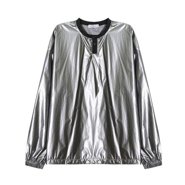 メンズ グロッシー ボタン ラウンド ネック 長袖 バンディング Tシャツ AC-TSA-Q037-シルバー
