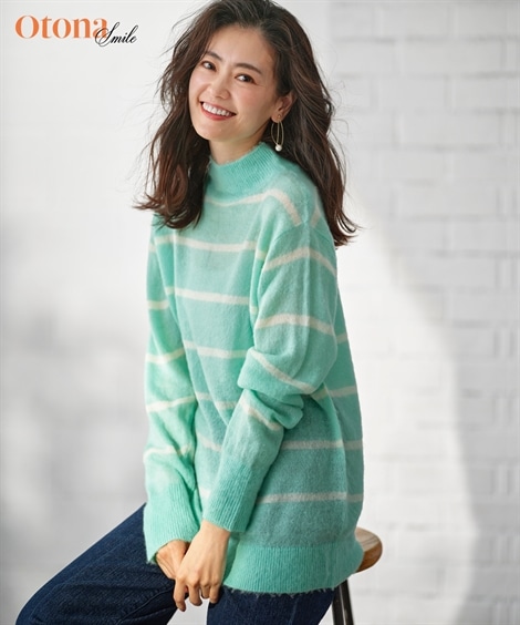 ニット ハイネックボーダーファーニットプルオーバー OtonaSMILE