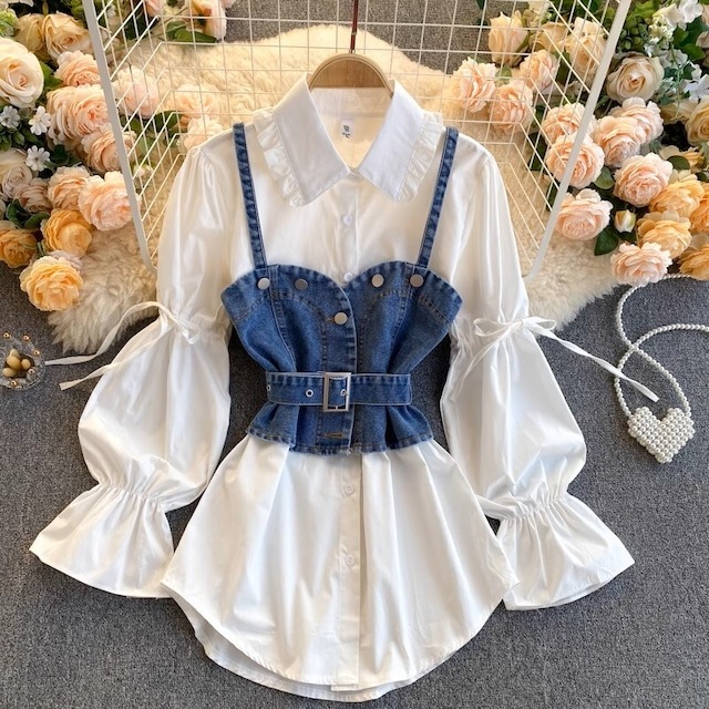 セットアップ デニムビスチェ+ブラウス2点セット レディース 2カラー 長袖 ビスチェ デニム デニムキャミソール 大人可愛い ママコーデ 韓国 オルチャン 人気 トレンド 新作 20代 30代 40