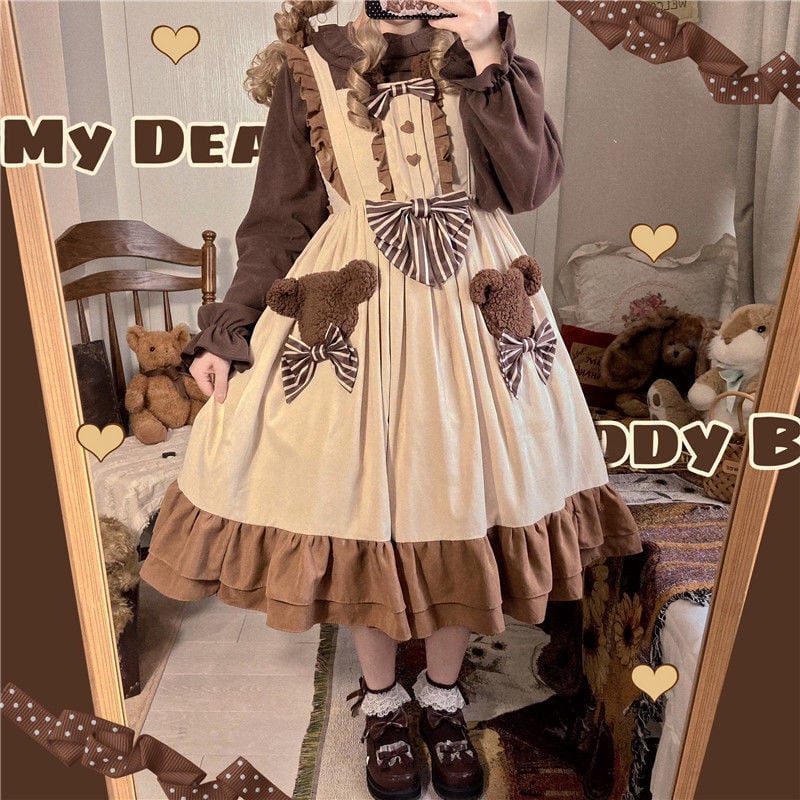 超かわいい 小熊 リボン スウィート jsk 配色 文化祭 刺繍 ロリータ ワンピース