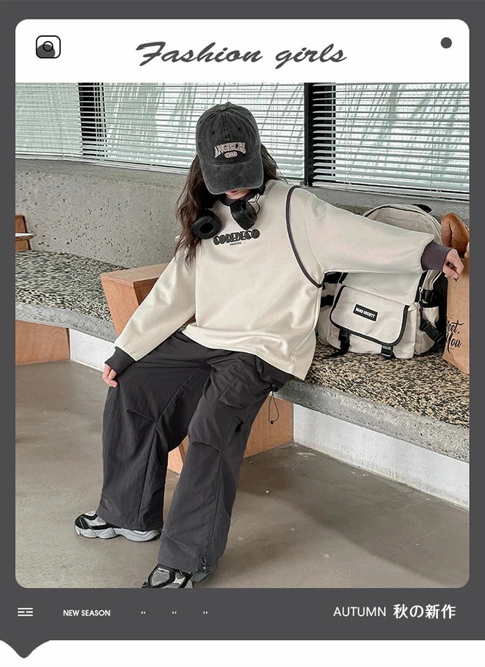 子供服 セットアップ 女の子 韓国風 キッズ ファッション 上下 2点セット 長袖 クルーカラー 英字 プリント ミリタリーパンツ おしゃれ かわいい カジュアル