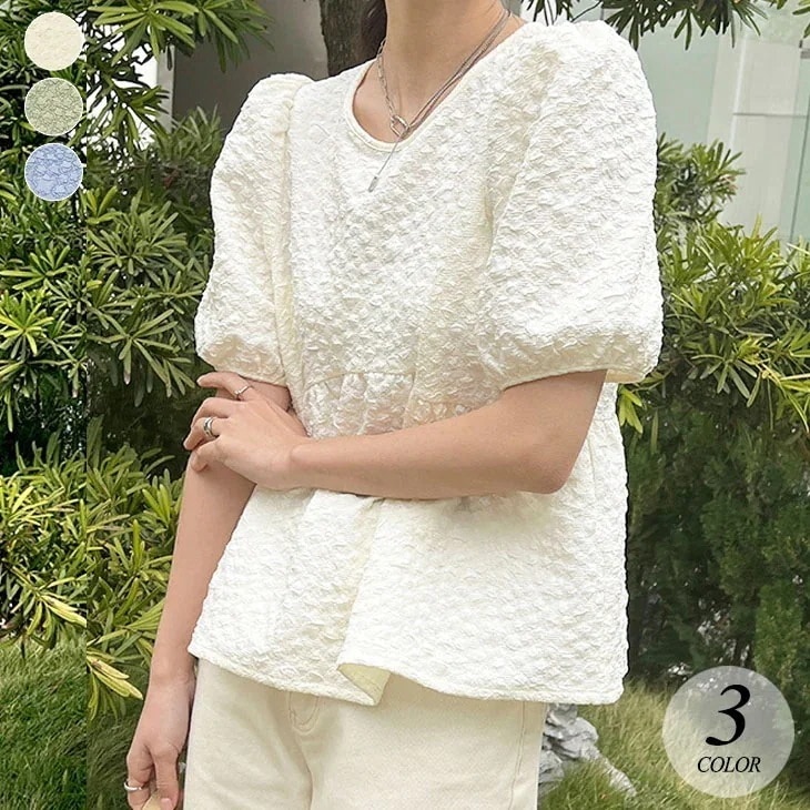 ジャガード ブラウス 後ろリボン パフスリーブ ペプラム 半袖 五分袖 トップス カットソー プルオーバー Vネック 裾フレア ゆったり フレア 可愛い カジュアル フェミニン きれいめ 春 夏