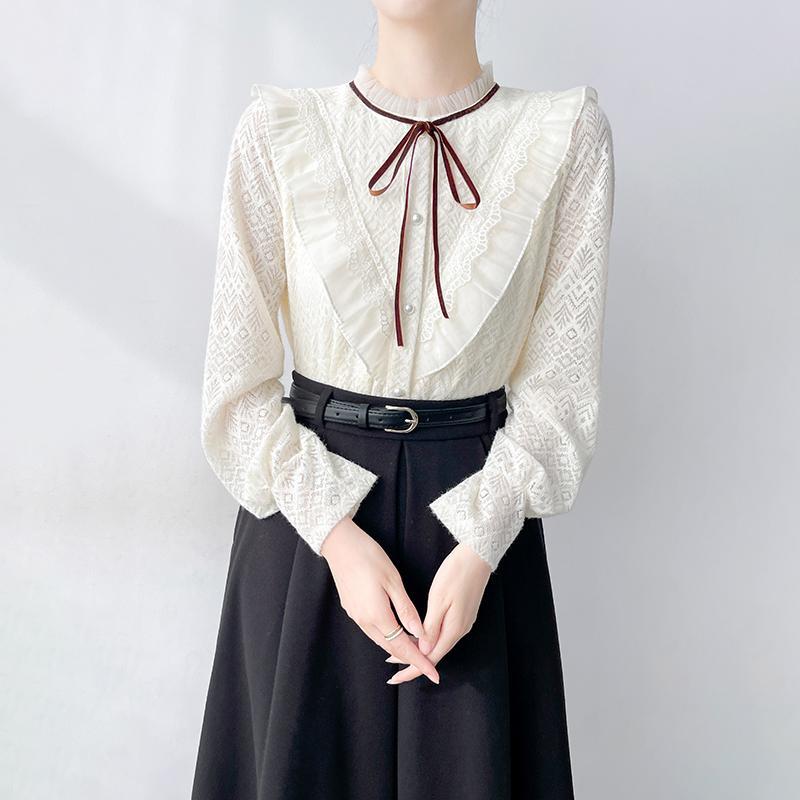 ブラウス 韓国 レース フリル かぎ針編み レディース 秋冬 ボウタイ トップス フェミニン ガーリー ファッション 大人
