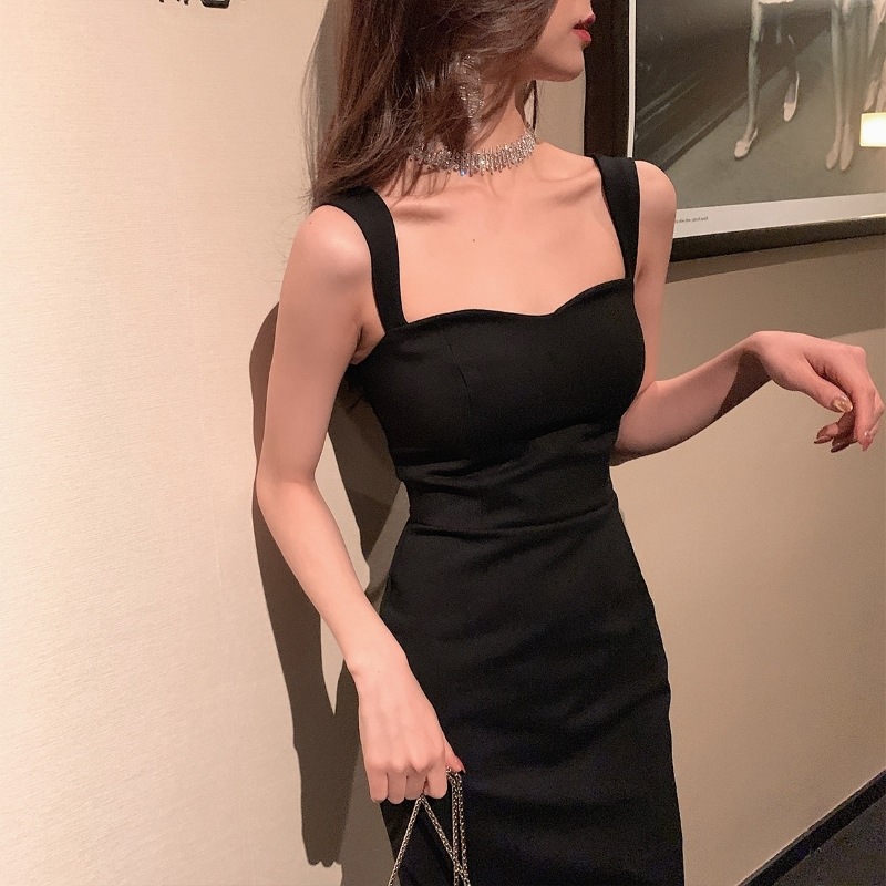 ドレス パーティードレス 膝丈ドレス イブニングドレス ブラックドレス セクシードレス ひざ丈 袖なし タイト バックスリット きれいめ シンプル クール セクシー 大人 上品 おしゃれ 無地