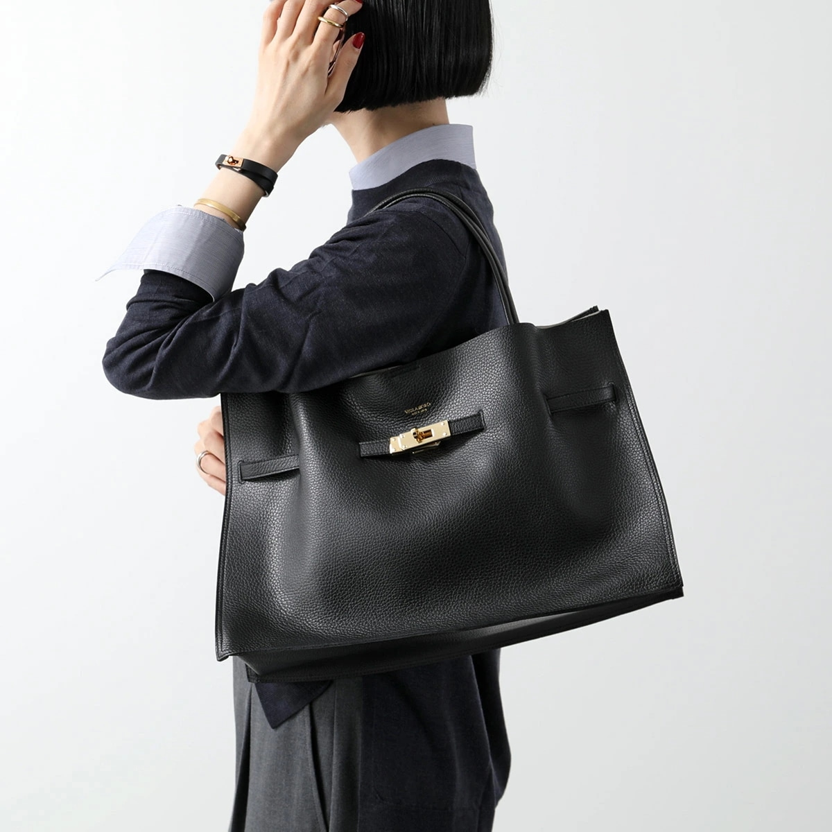 VIOLAdORO ヴィオラドーロ トートバッグ V-1497 レディース イタリアンレザー ハンドバッグ 軽量 A4 ロゴ Lサイズ 鞄 BLACK/GRAY