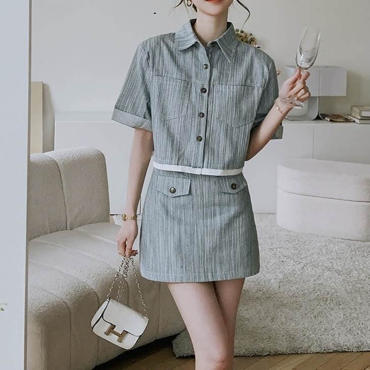 レディース セットアップ トップス カットソー 半袖 襟付き ポロカラー ボタン 前開き スカート ショート丈 Aライン 2点セット 上下セット スリム 細身 きれいめ 上品 おしゃれ お洒落 大人可