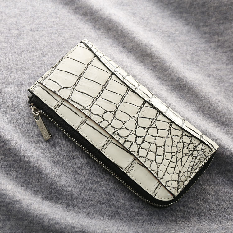 クロコダイル メンズ 長財布 L字ファスナー 日本製 鰐革 本革 アウトポケット付き シルバー金具 マット/目地染め バニラ染め プレゼント ギフト (06001714-mens-1r) 19,525円
