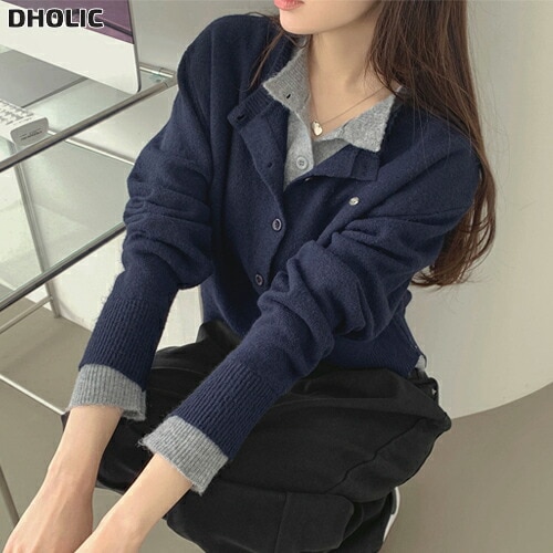 ウール混ボタンラウンドネックレイヤード風長袖ペンダント配色カーディガン・1954090