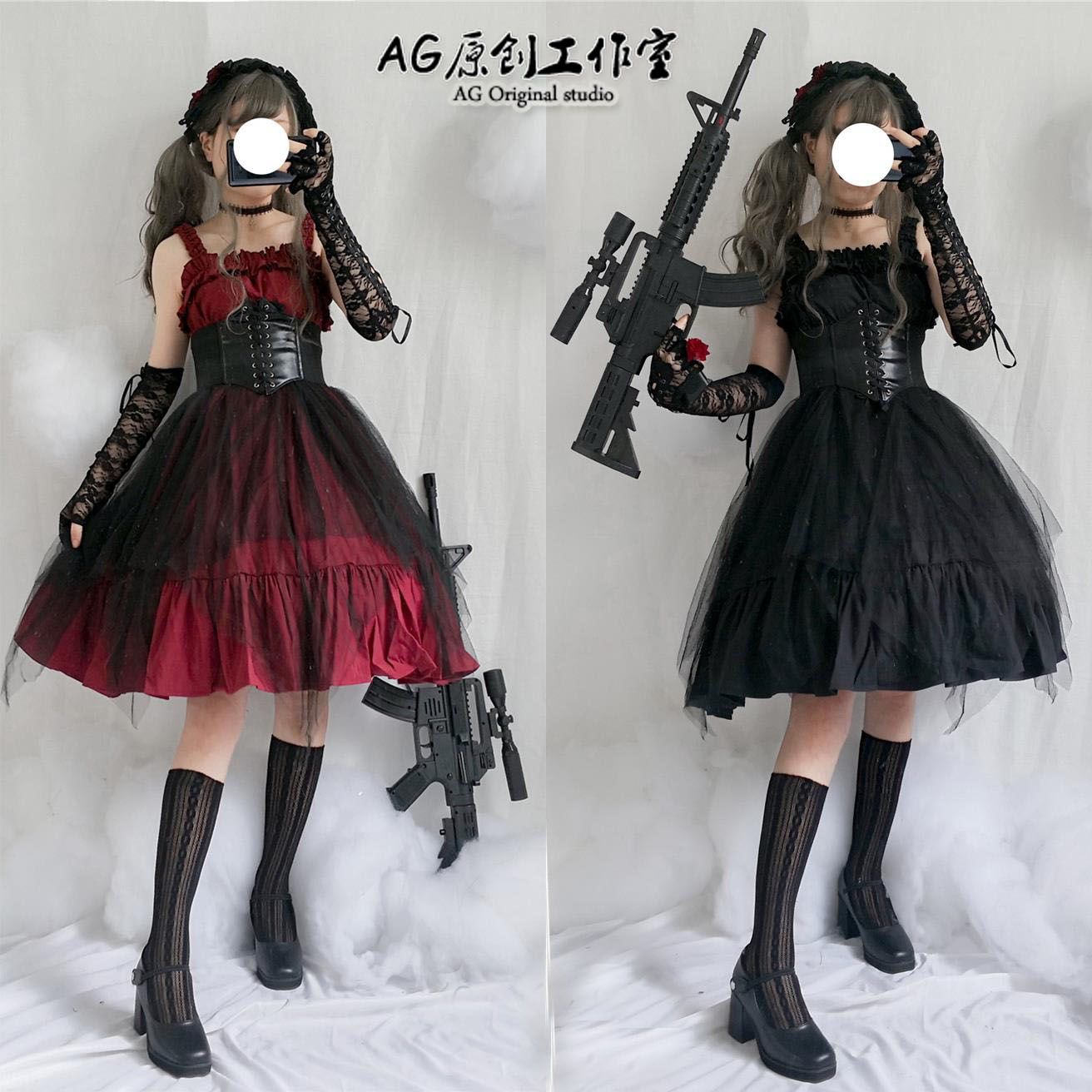 ボズイレギュラーハイウエストガーゼスカート Jsk 上品可愛い製フリルダークワンピースロリータサスペンダースカート ハロウィン