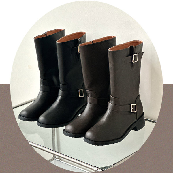 ミドルブーツ エンジニアブーツ ベルト フラット レディース ローヒール 黒 茶 ブラック ブラウン 歩きやすい カジュアル シンプル 靴 婦人靴 韓国