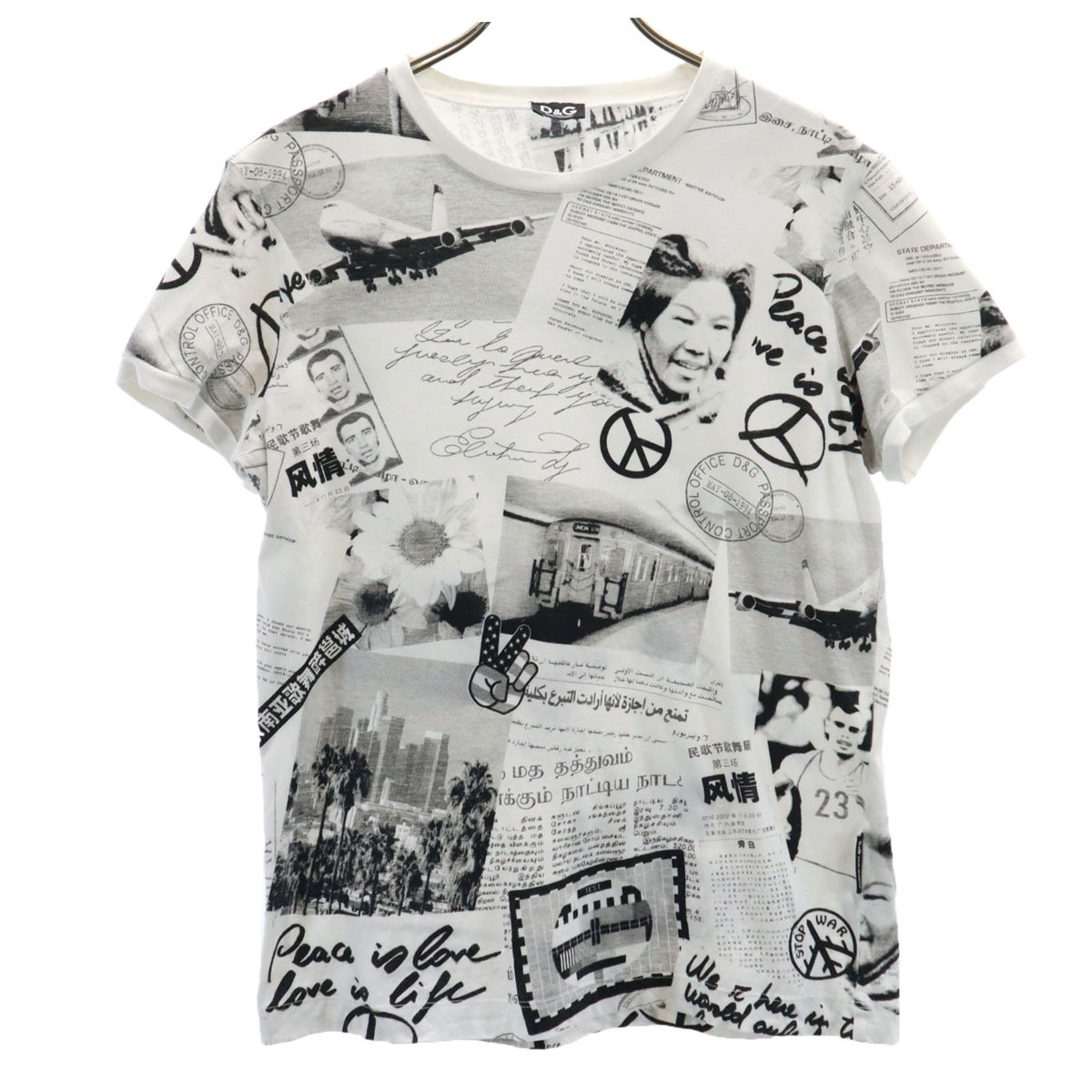 D&G DOLCE&GABBANA ディーアンドジー ドルチェアンドガッバーナ ニュースペーパー プリント 半袖 Tシャツ L ホワイト レディース 古着