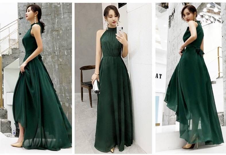 再入荷商品結婚式 10代 ドレス 演奏会 20代 新作 夏 春 ノースリーブ お呼ばれドレス 無地 ロング パーティードレス 演奏会 人気 バックリボン 二次会 可愛い グリーン 韓国パーティードレス