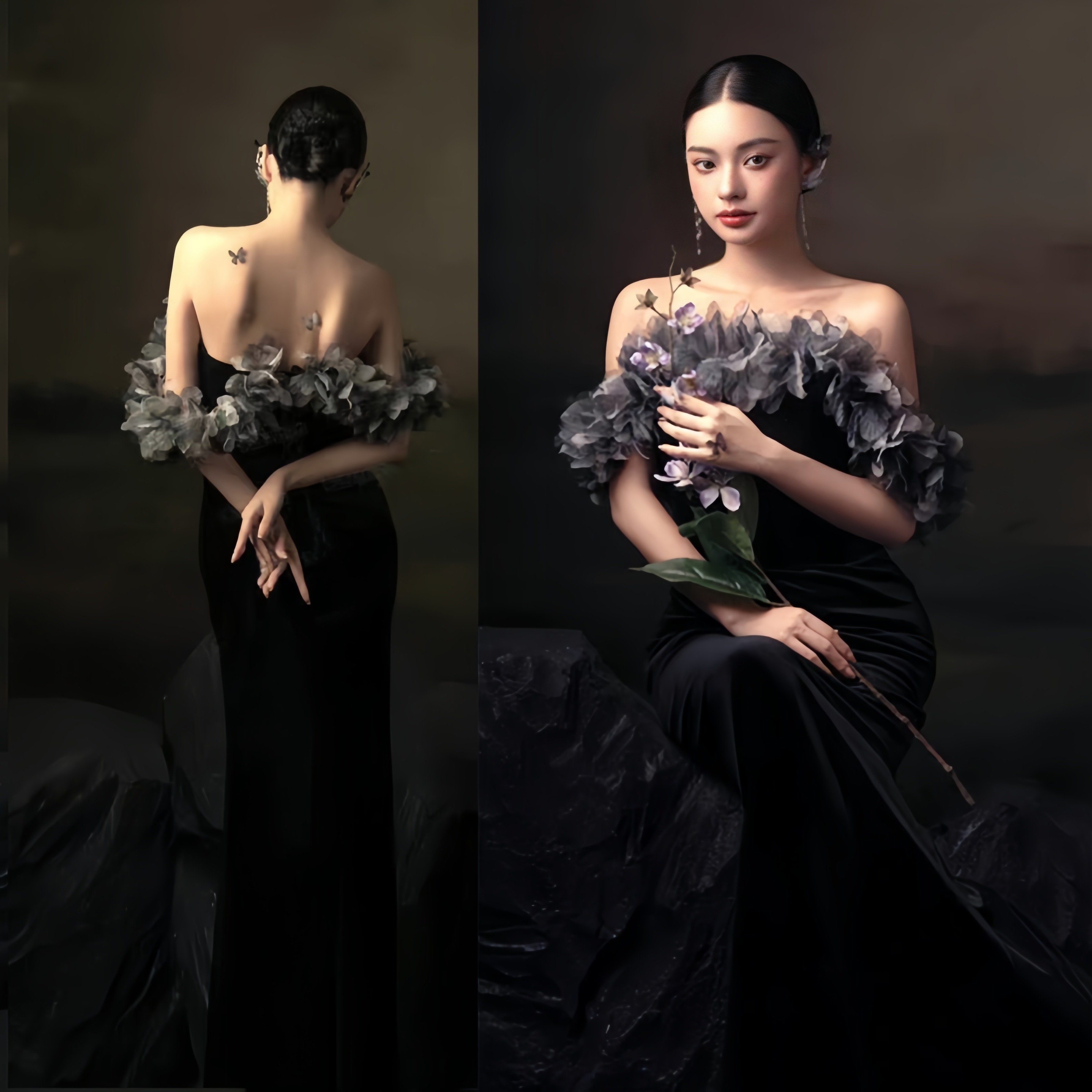 ウエディングドレス ノースリーブ 黒ベルベット黒の船型ネックドレス 二次会 結婚式ドレス パーティードレス 花嫁 フォトウエディング ビーチフォト