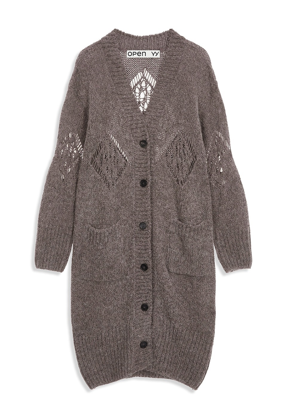 【OPEN Yy】 25FW ALPACA ARGYLE POINTELLE LONG CARDIGAN : MOCHA