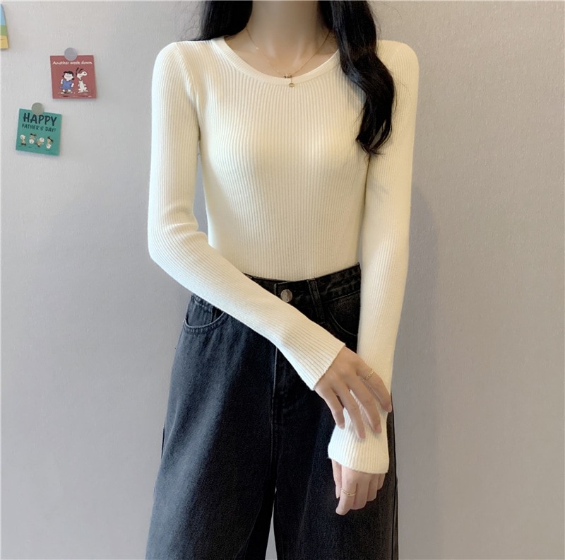 トップス ニットソー レギュラー丈 袖あり 長袖 ラウンドネック スリム タイト 細身 リブニット プルオーバー 可愛い かわいい きれいめ シンプル カジュアル 大人 上品 おしゃれ お洒落 レトロ