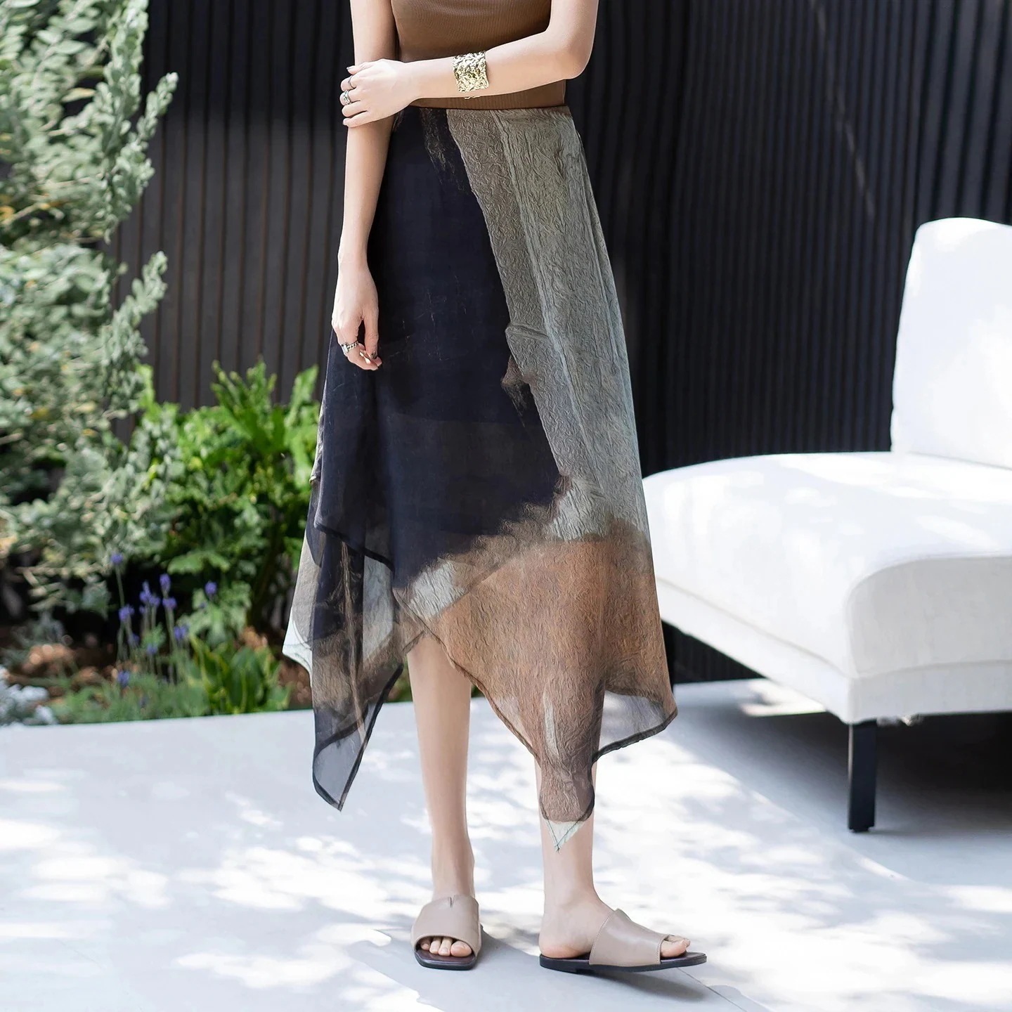 3日出荷 スカート夏シフォン シースルー アシンメトリー プリントロングスカート 通勤向け 春服 レディース