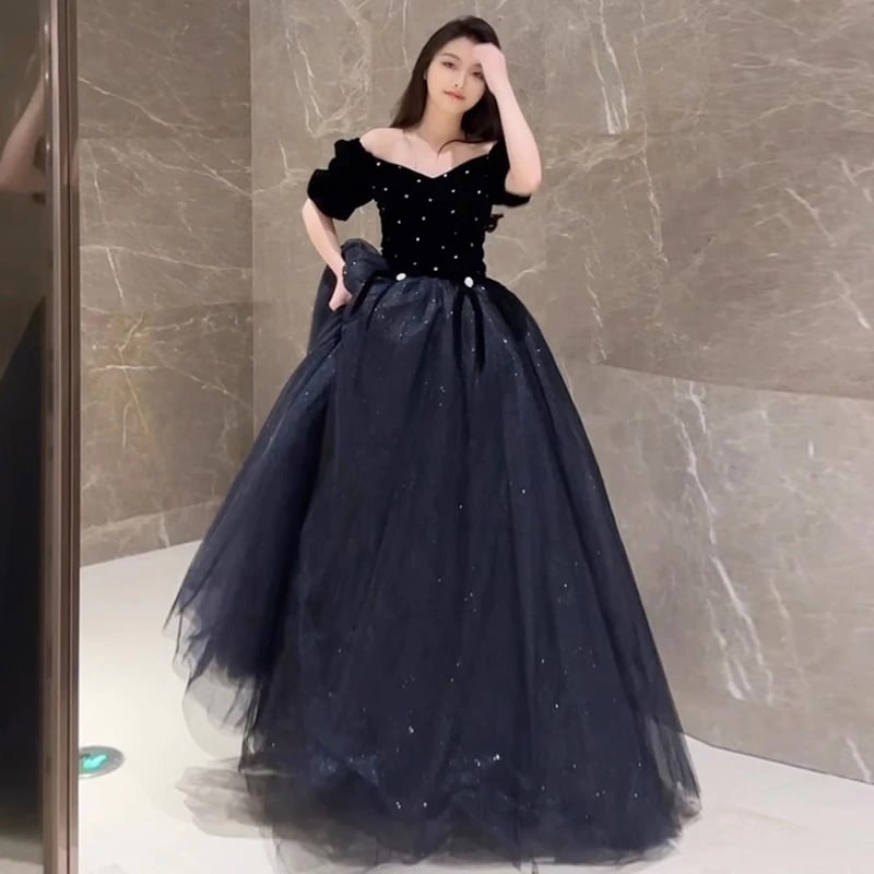 【急速出荷!】2025新しいニッチワンショルダーブラックパフドレス ンピース ロング 入学式 宴会 結婚式 ドレス パーティードレス お呼ばれ 披露宴