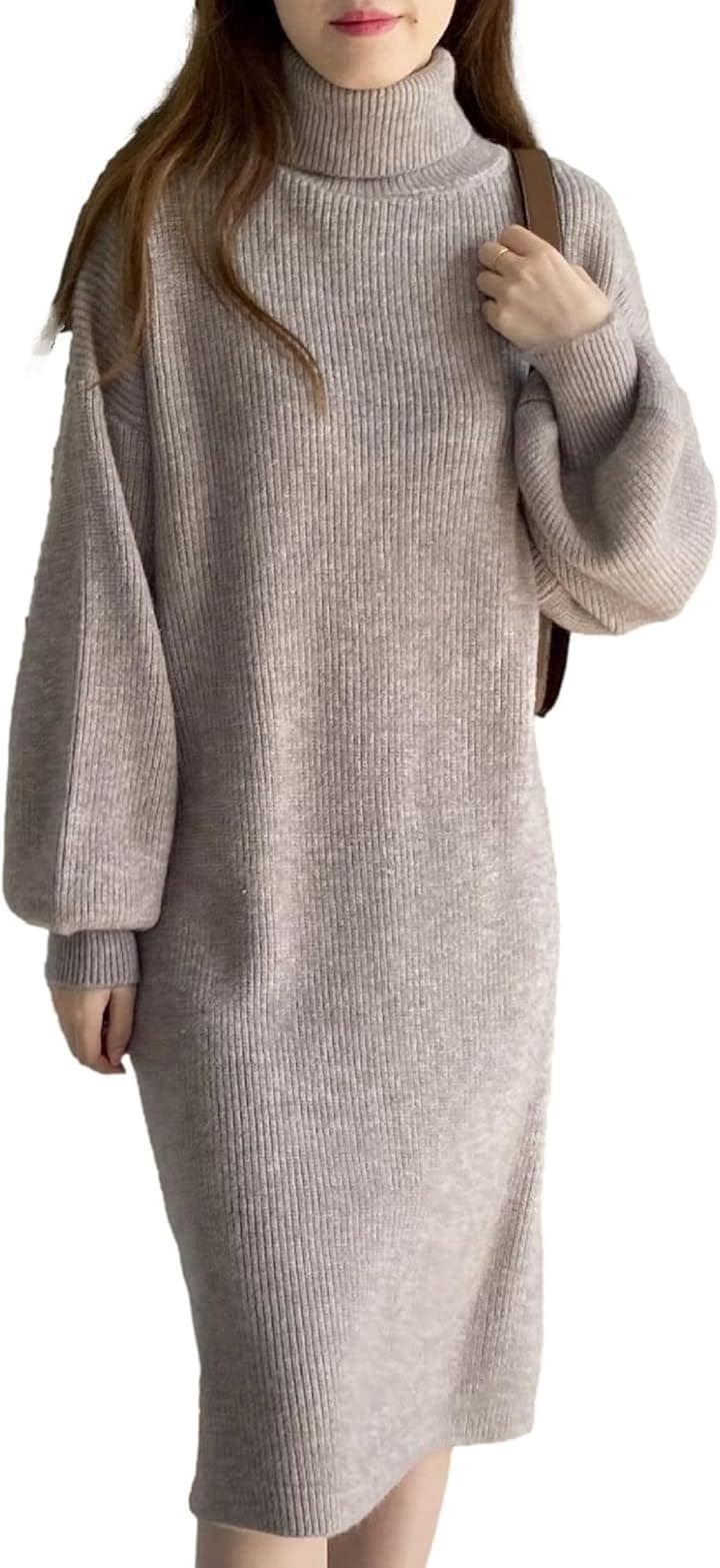 ワンピース レディース ニット タートルネック ドロップショルダー ミディ丈 着まわし エレガント 伸縮性 コンサバ ぽわん袖 ルーム 簡単お手入れ 女性用(チャコールグレー, L)