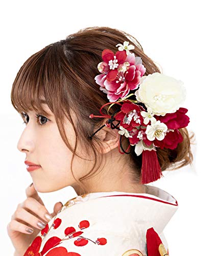 [] (ソウビエン) 髪飾り 成人式 卒業式 2点セット 赤 レッド 白 ホワイト 牡丹 桜 花 フラワー 和柄 房飾り 縮緬 組紐 髪留め 卒業式 袴 日本製