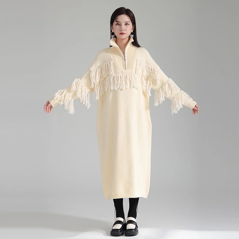ロングワンピース 厚手 ハイネック フリンジ ニットワンピース