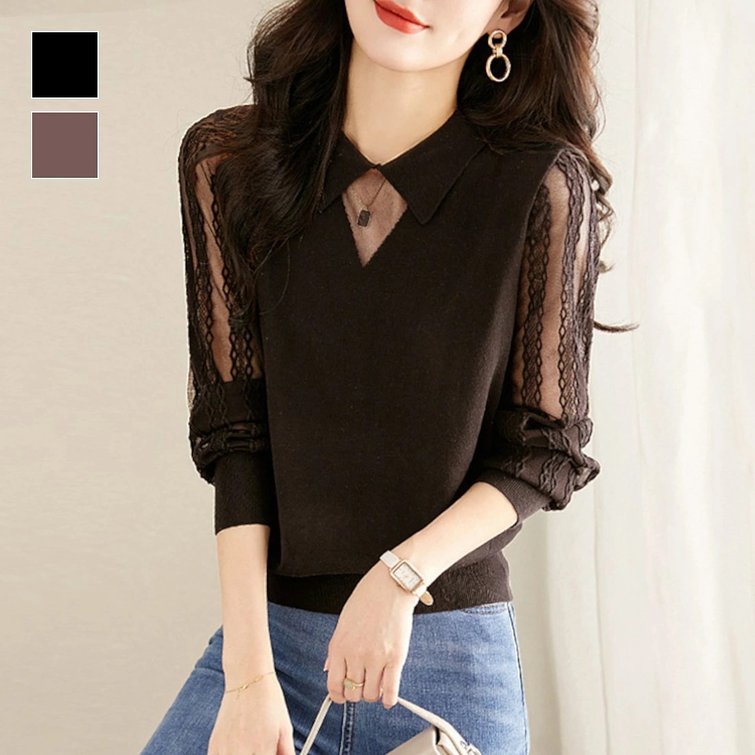 襟付き長袖レースTシャツ レディース レース 襟 透け感 シースルー上品 シック 女性らしい ディナー オフィス デートシャツ ニット ブラック ブラウン スタンダードカラー 夏服 夏服